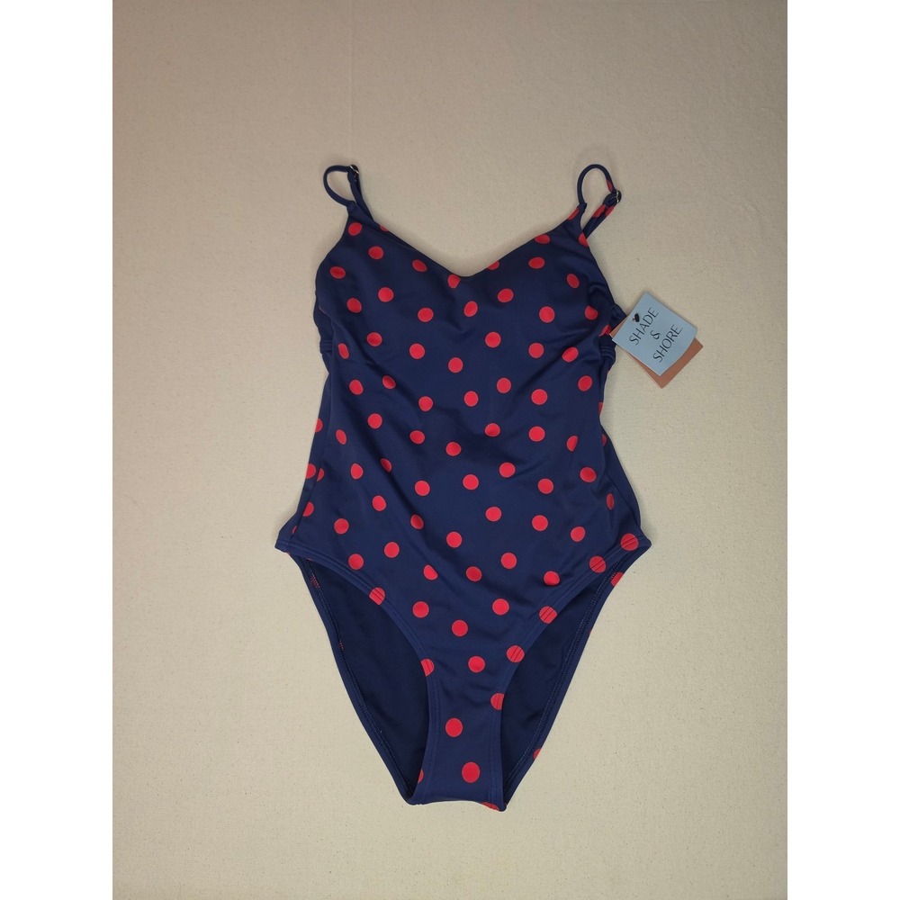 Shade & Shore Polk Dot V-Neck One Piece Swimsuit Blue XL NWT